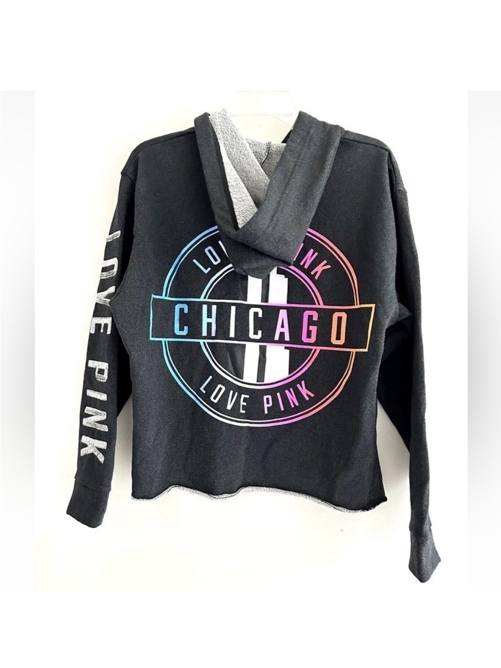PINK Victoria's Secret Black Pullover Hoodie with Rainbow Chicago Graphic